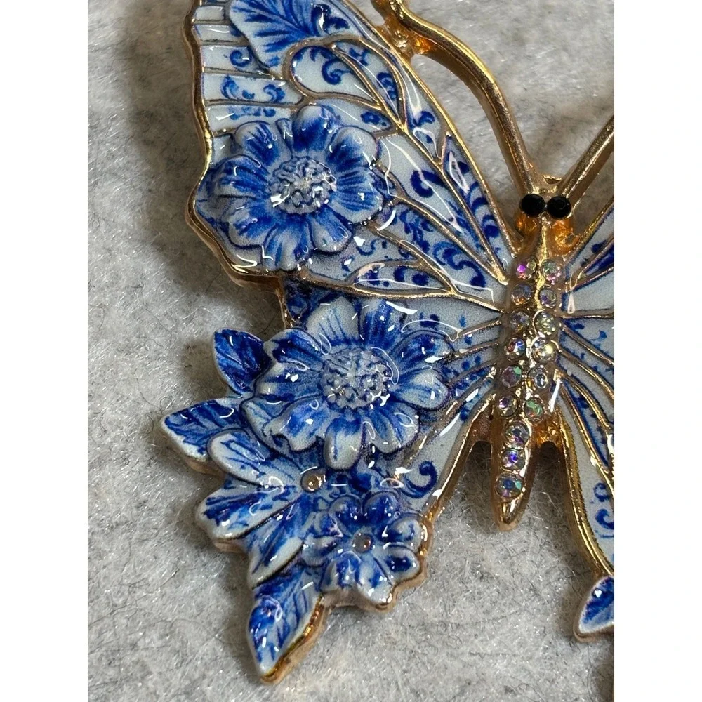 #63. Blue & White Floral Butterfly Brooch